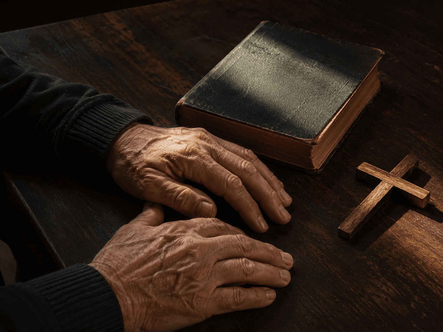 Hands rest beside a wooden cross and Bible in quiet morning light