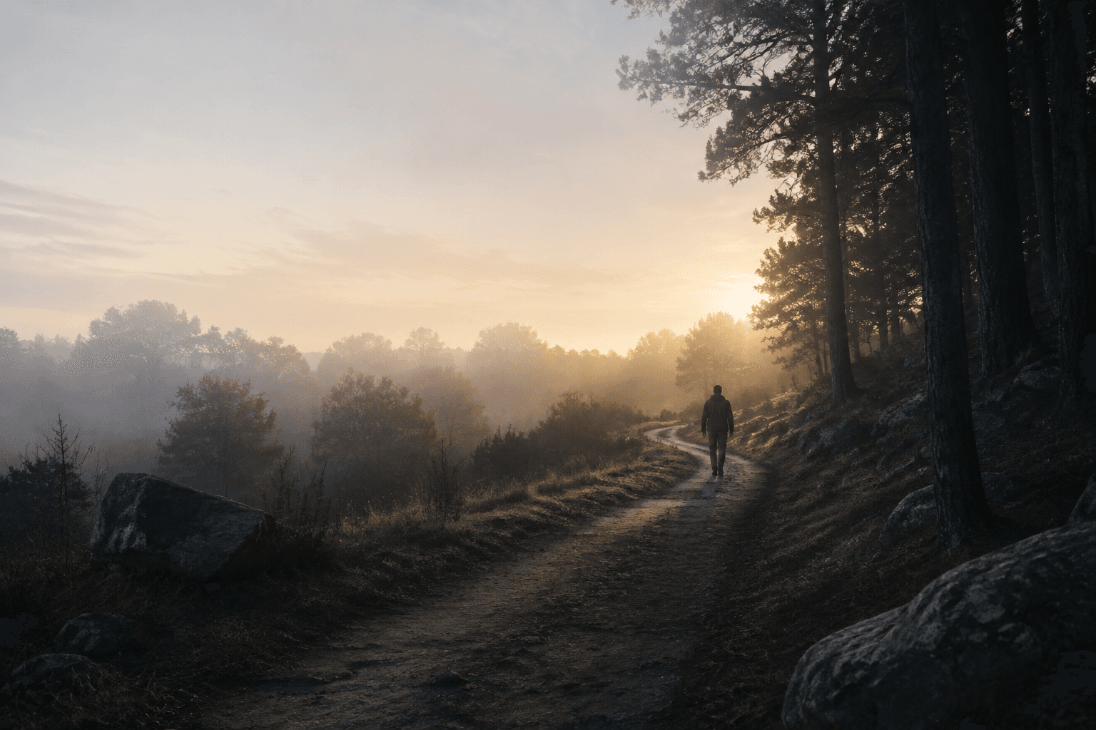 A solitary person walks along a misty path toward warm dawn light