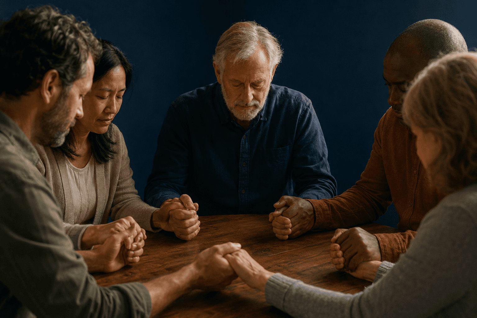 A small group joins hands in quiet prayer around a wooden table