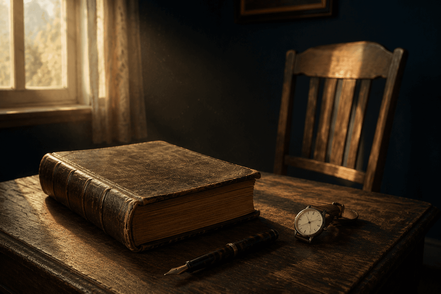 A Bible, pen, and watch rest beside an empty chair in warm light