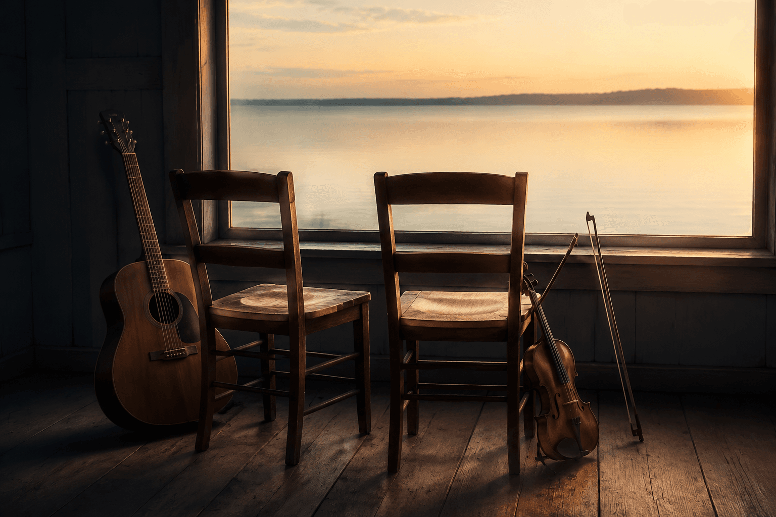 An acoustic guitar and violin sit beside a window overlooking calm water at dawn